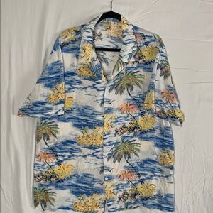 URBAN BOUNDRIES | XL MEN VTG BUTTON HAWAIIAN BEACH SHIRT | TROPICAL BLUE YELLOW